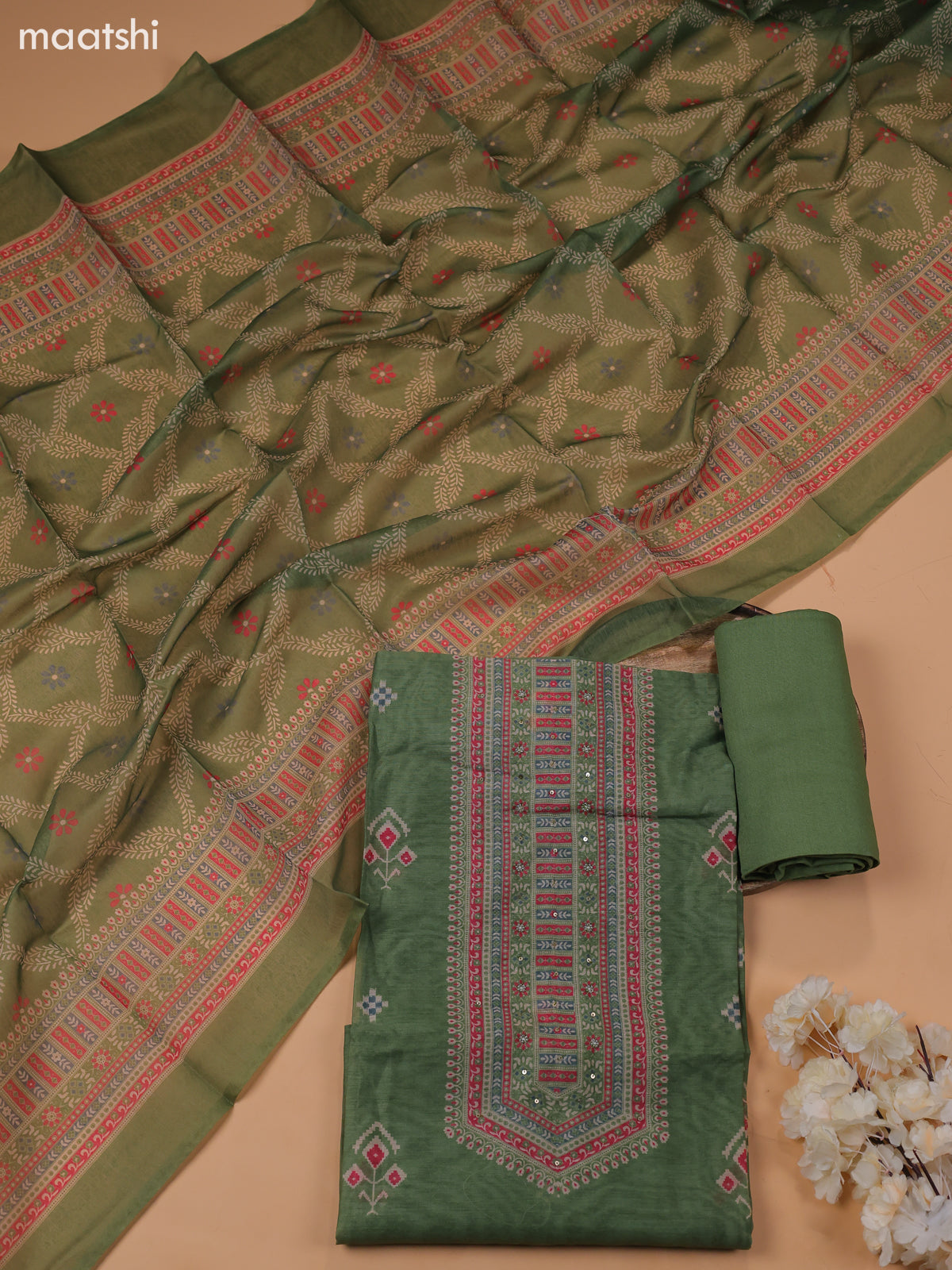 Green Chanderi Dress Material With Floral Prints and Bottom & Dupatta