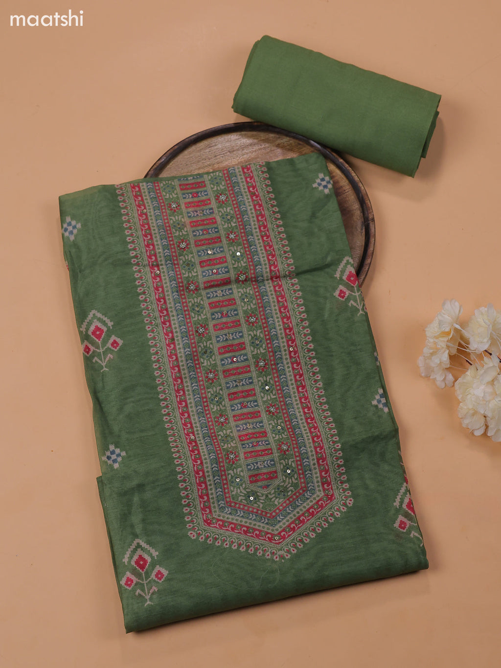 Green Chanderi Dress Material With Floral Prints and Bottom & Dupatta