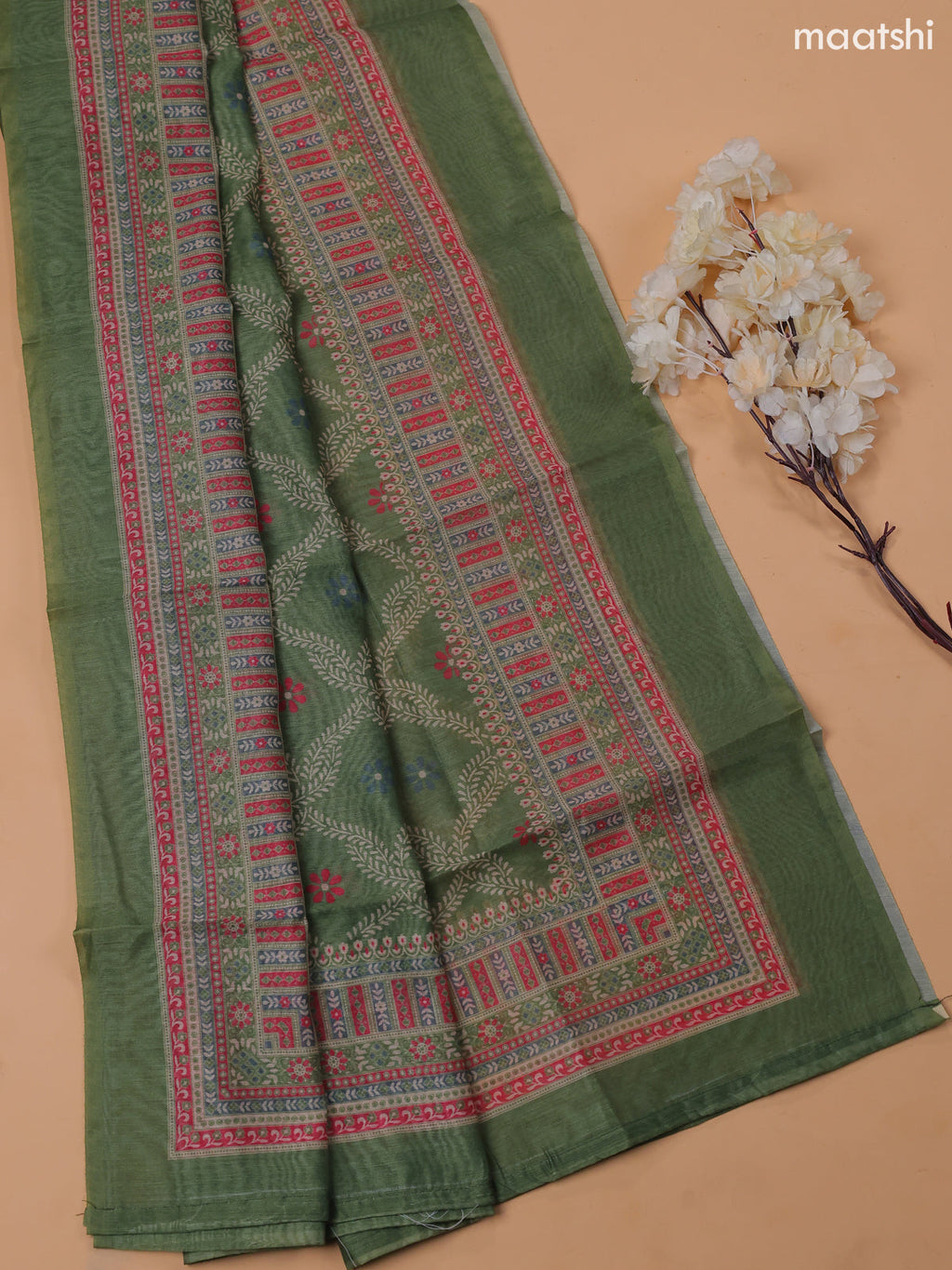 Green Chanderi Dress Material With Floral Prints and Bottom & Dupatta
