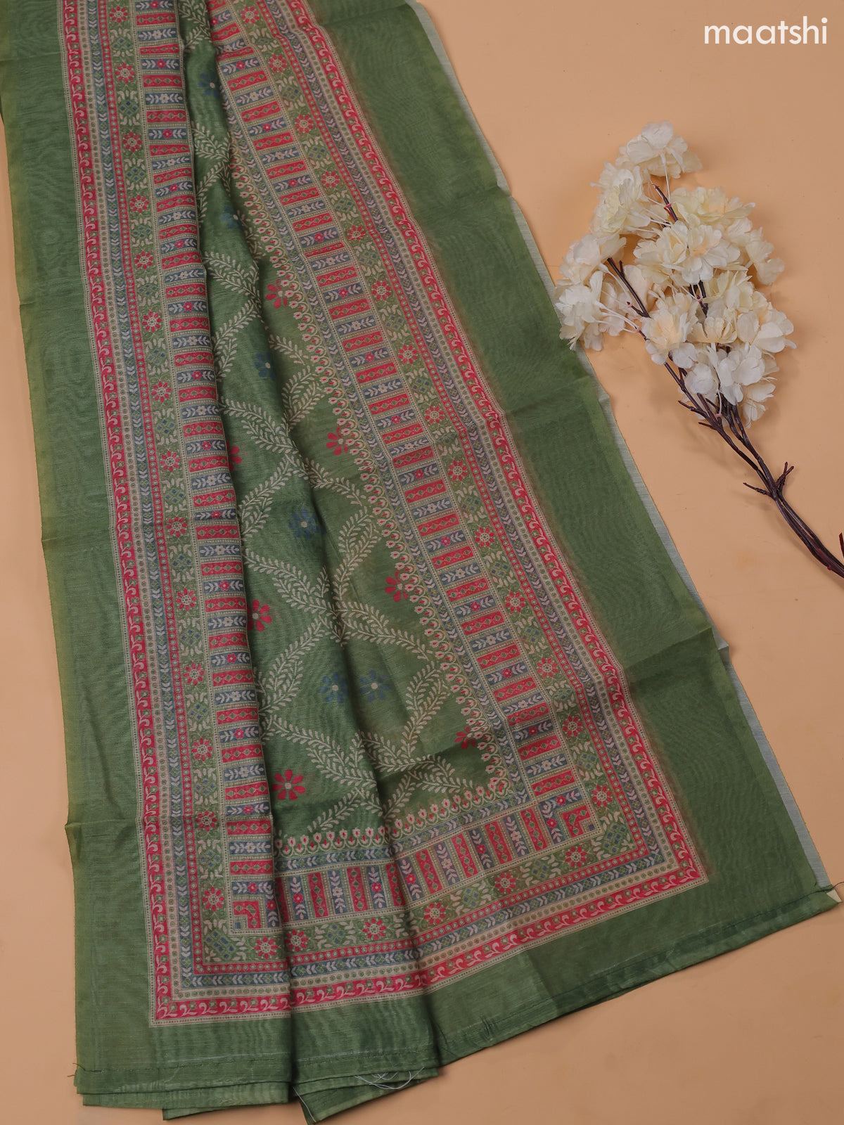 Green Chanderi Dress Material With Floral Prints and Bottom & Dupatta