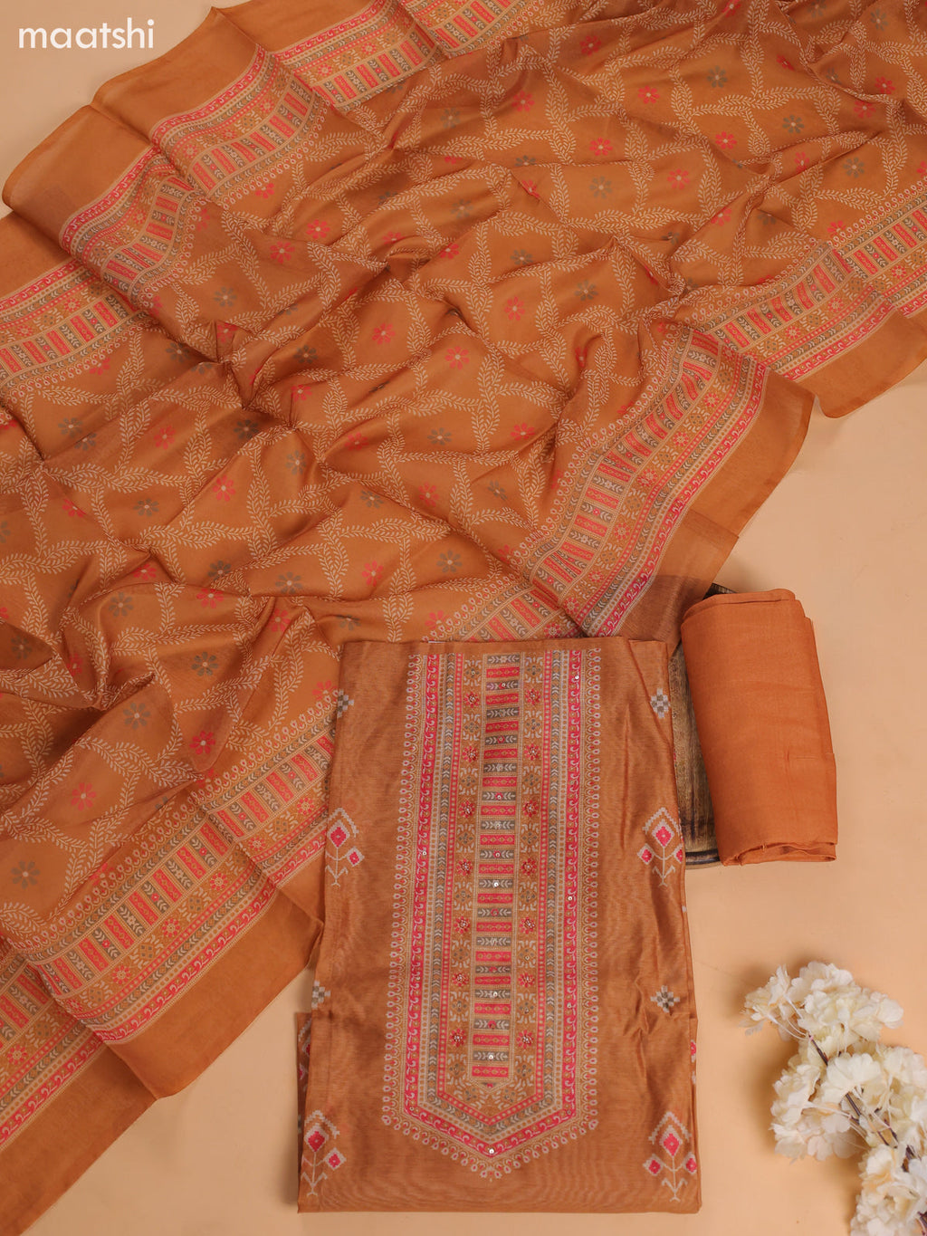 Dark Mustard Chanderi Dress Material With Floral Prints and Bottom & Dupatta