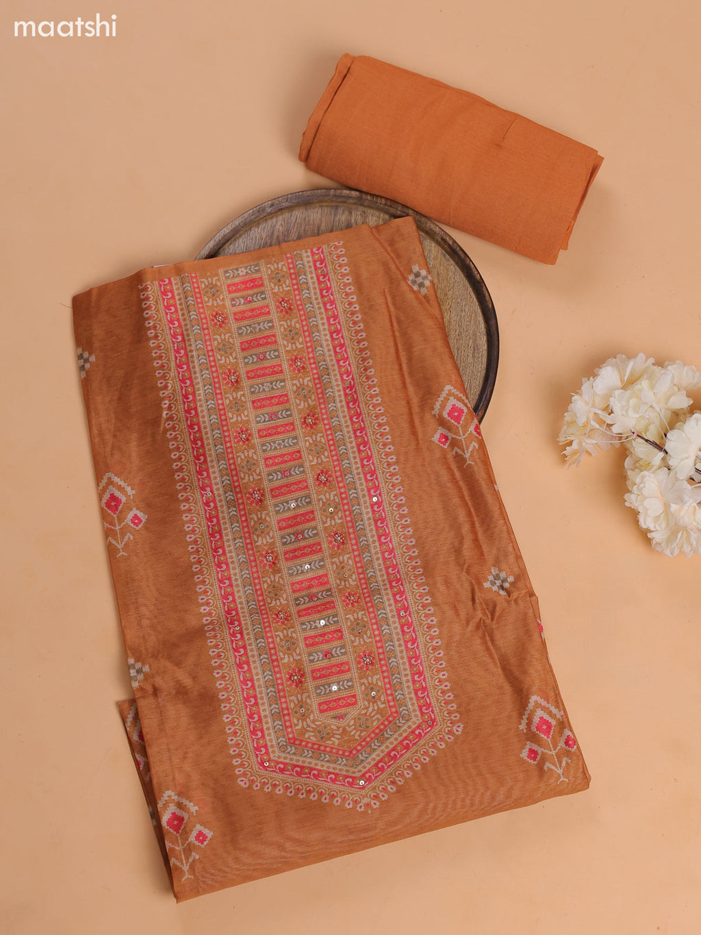 Dark Mustard Chanderi Dress Material With Floral Prints and Bottom & Dupatta