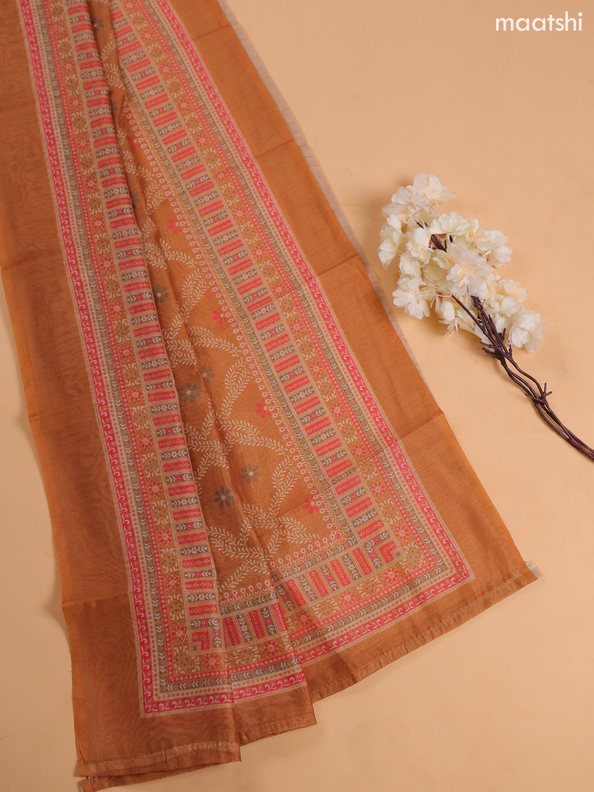 Dark Mustard Chanderi Dress Material With Floral Prints and Bottom & Dupatta