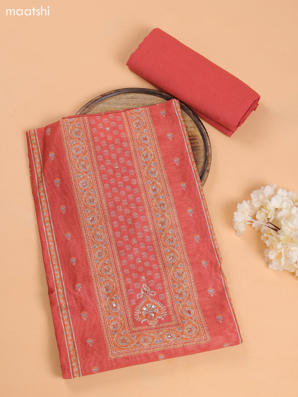 Rust Chanderi Dress Material With Floral Prints and Bottom & Dupatta