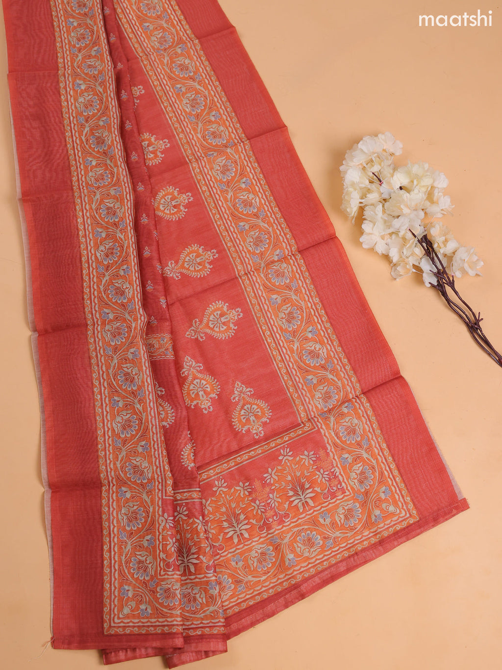 Rust Chanderi Dress Material With Floral Prints and Bottom & Dupatta