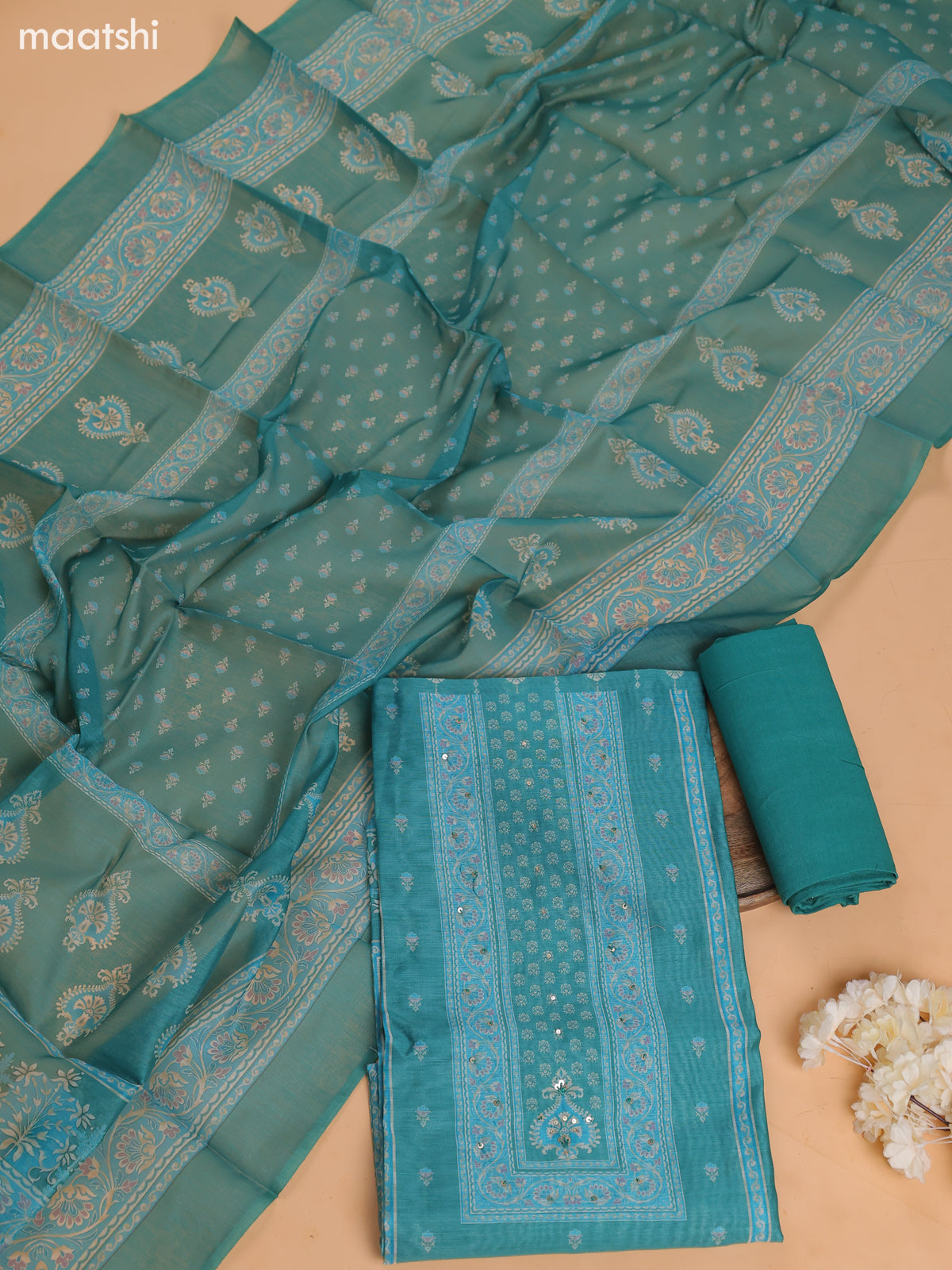 Teal Green Chanderi Dress Material With Floral Prints and Bottom & Dupatta