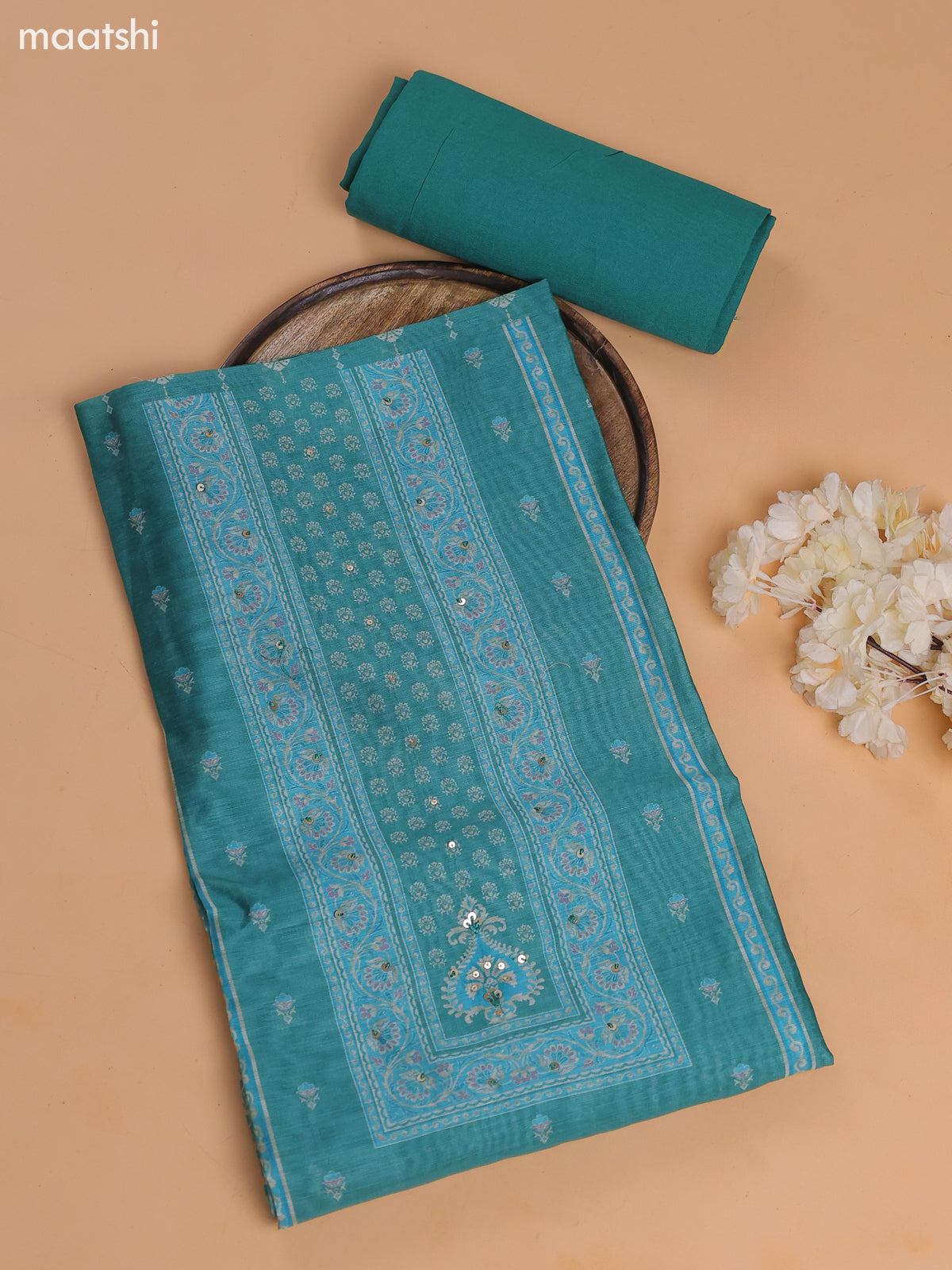 Teal Green Chanderi Dress Material With Floral Prints and Bottom & Dupatta