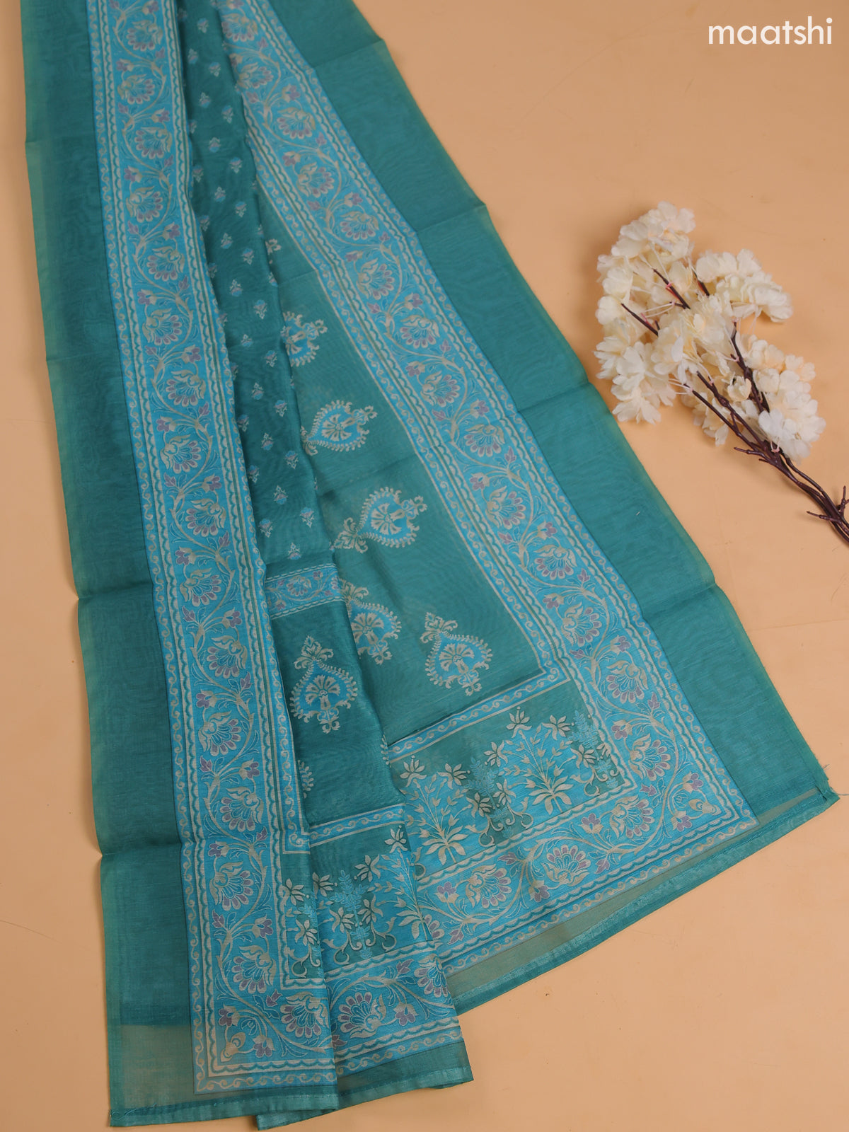 Teal Green Chanderi Dress Material With Floral Prints and Bottom & Dupatta
