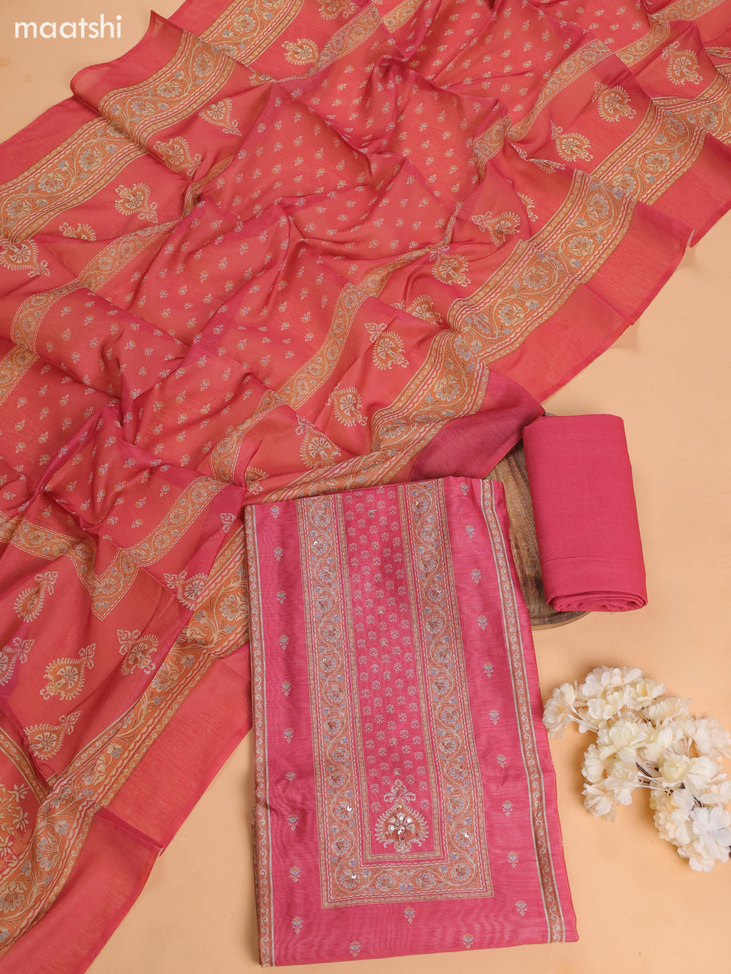 Pastel Pink Chanderi Dress Material With Floral Prints and Bottom & Dupatta