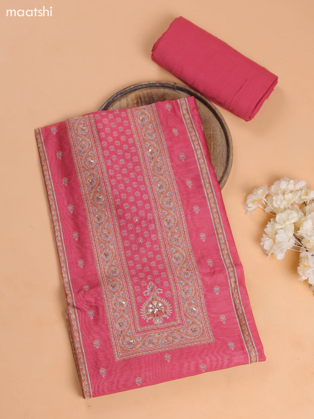 Pastel Pink Chanderi Dress Material With Floral Prints and Bottom & Dupatta