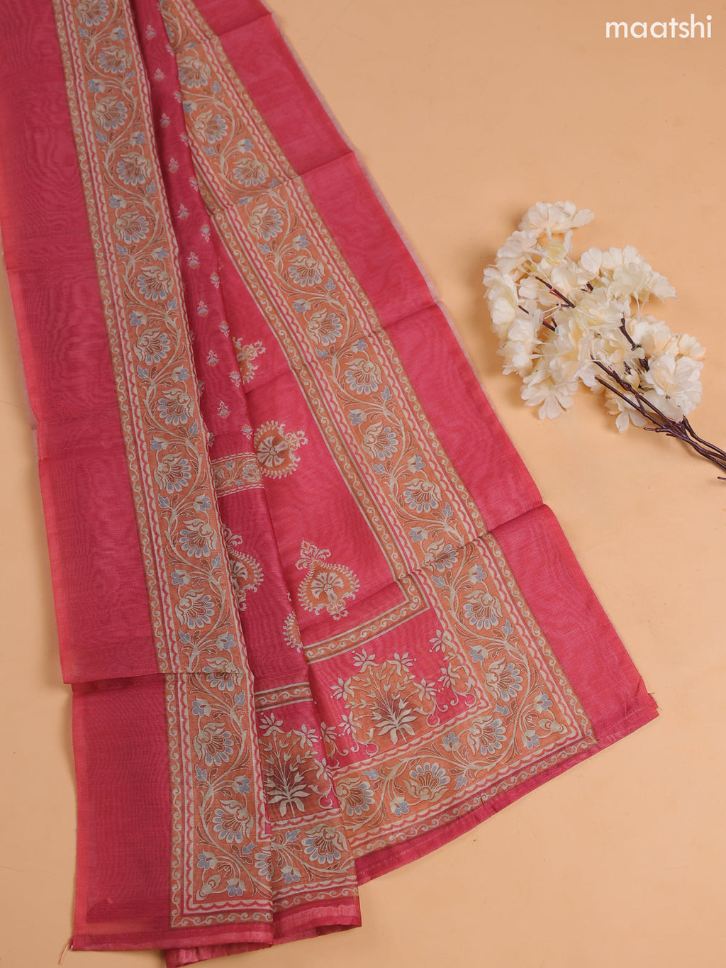 Pastel Pink Chanderi Dress Material With Floral Prints and Bottom & Dupatta