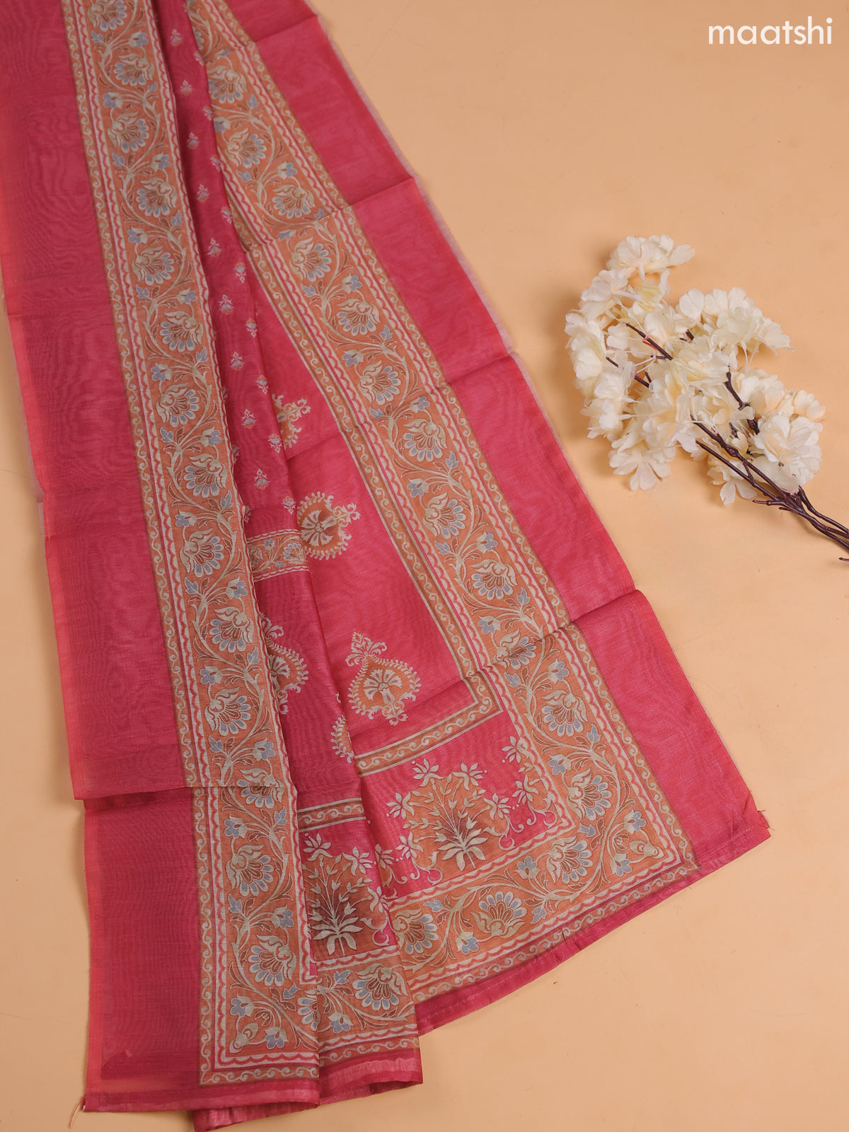 Pastel Pink Chanderi Dress Material With Floral Prints and Bottom & Dupatta