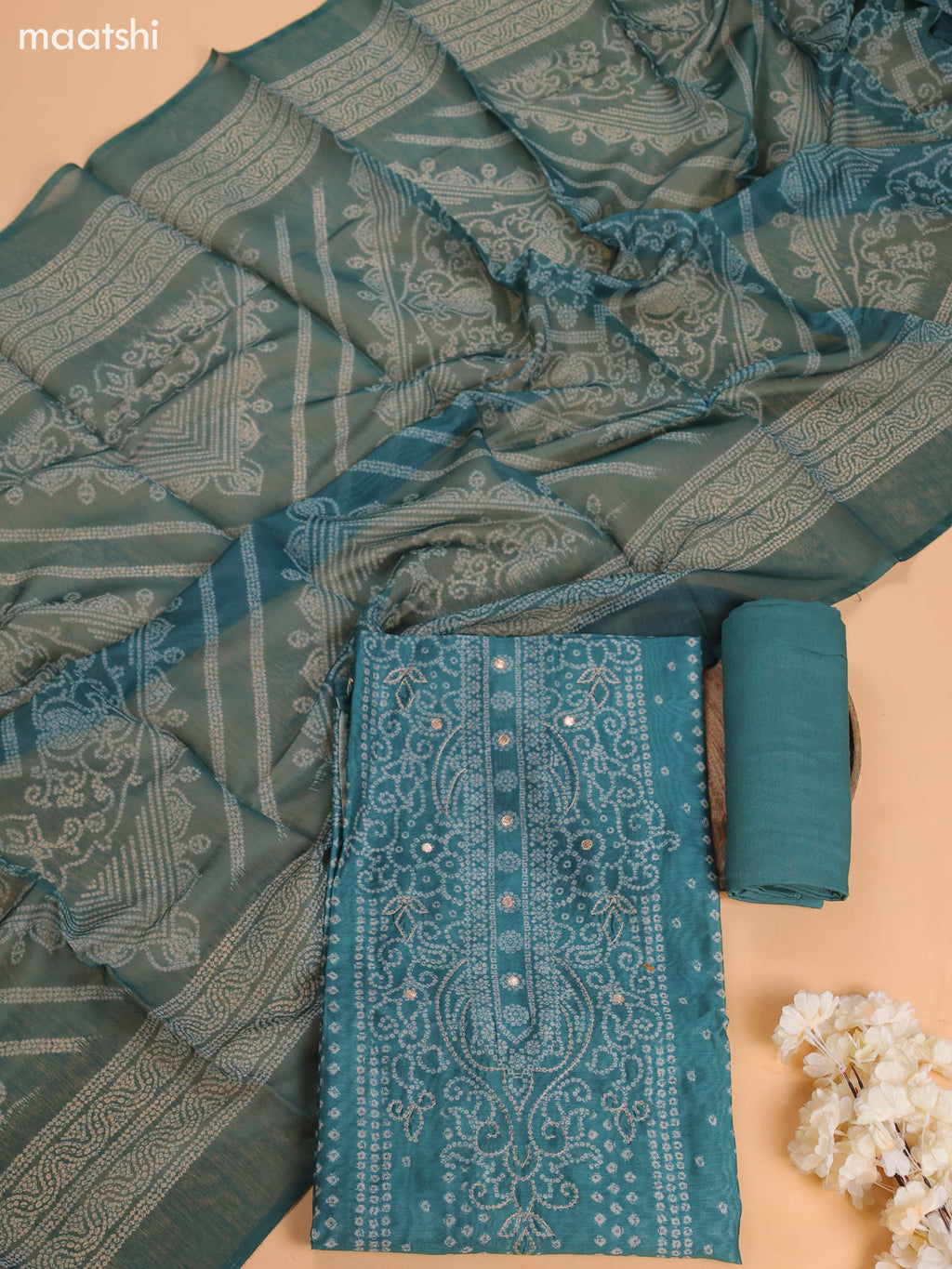 Teal Green Chanderi Dress Material With Floral Prints and Bottom & Dupatta