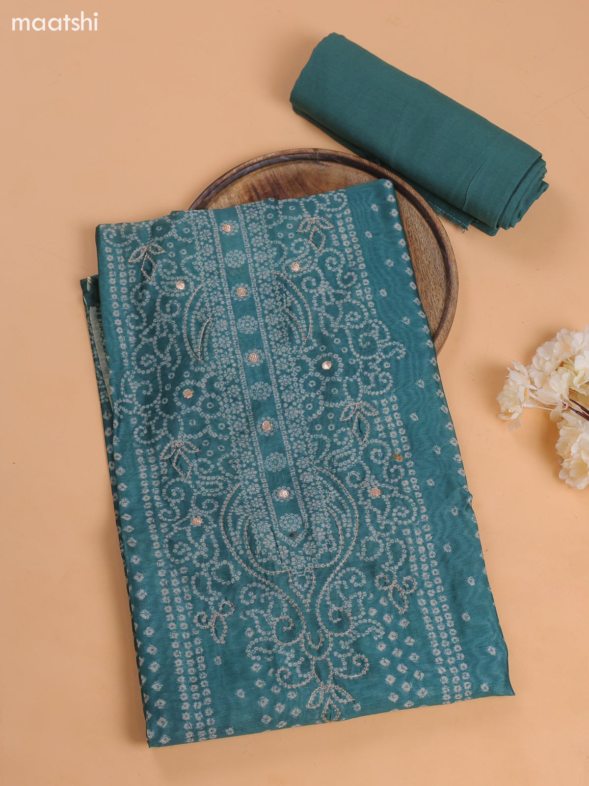 Teal Green Chanderi Dress Material With Floral Prints and Bottom & Dupatta