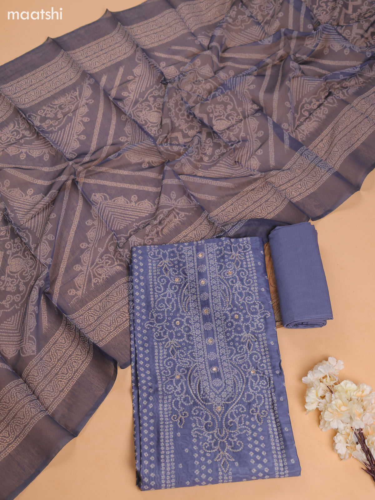 Bluish Grey Chanderi Dress Material With Floral Prints and Bottom & Dupatta