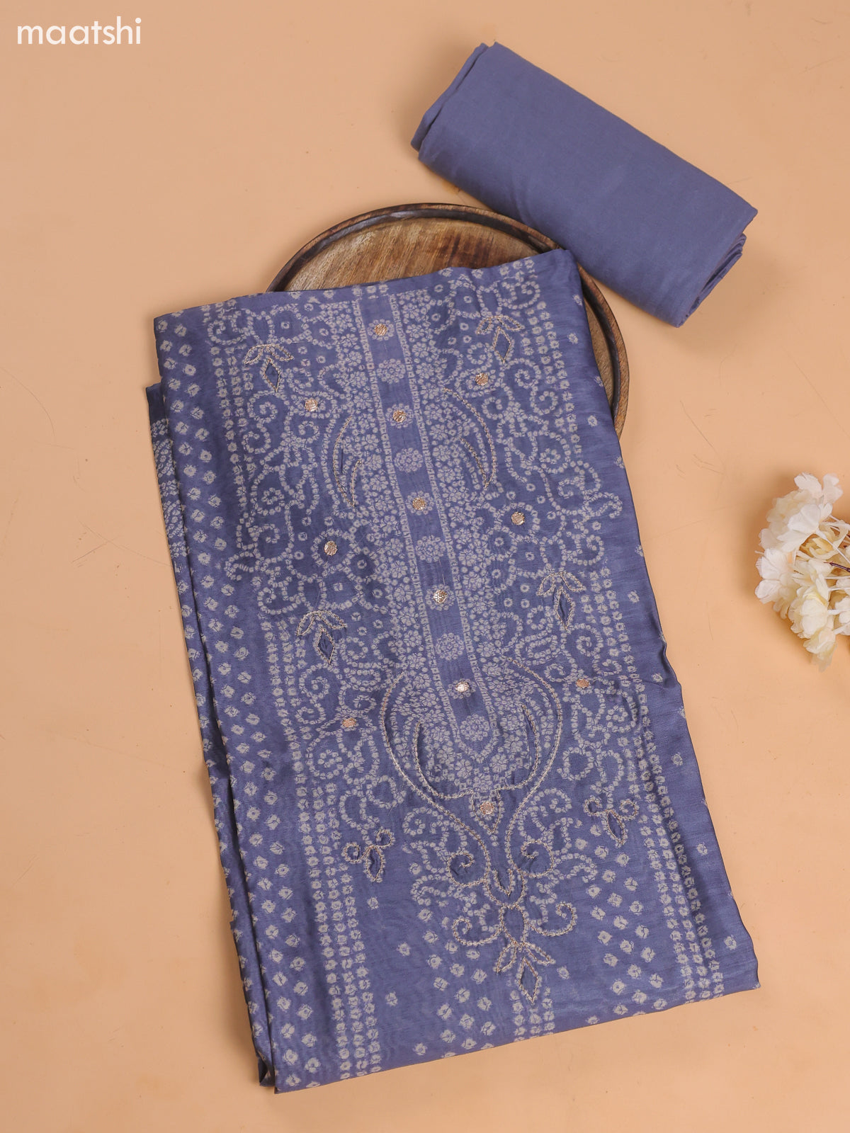 Bluish Grey Chanderi Dress Material With Floral Prints and Bottom & Dupatta
