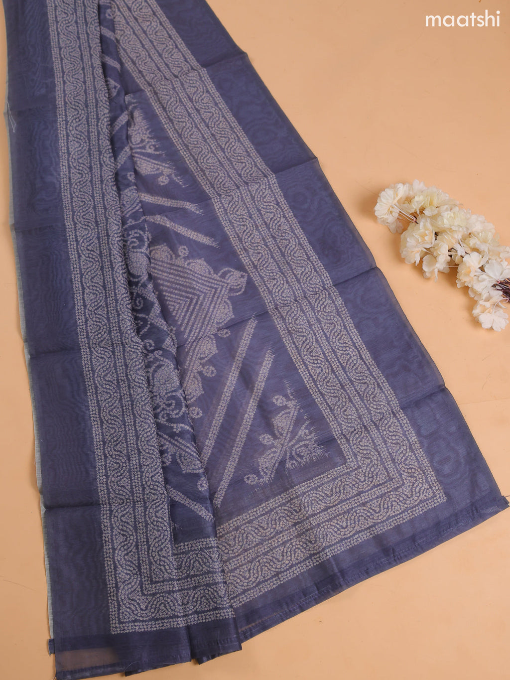 Bluish Grey Chanderi Dress Material With Floral Prints and Bottom & Dupatta