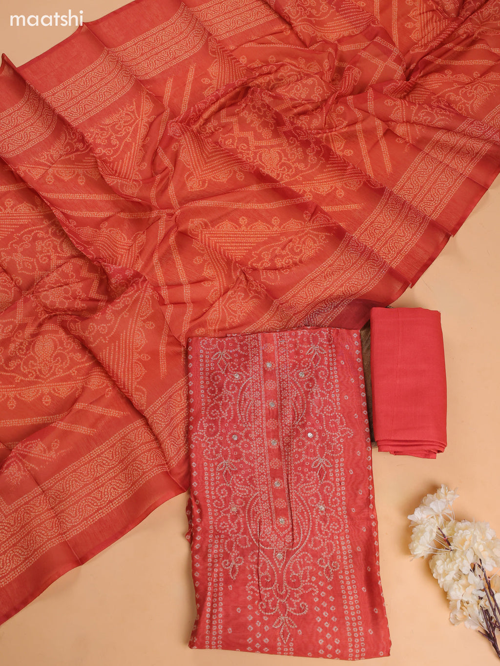 Dark Rust Chanderi Dress Material With Floral Prints and Bottom & Dupatta