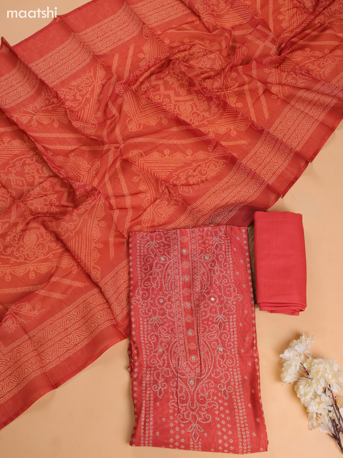 Dark Rust Chanderi Dress Material With Floral Prints and Bottom & Dupatta