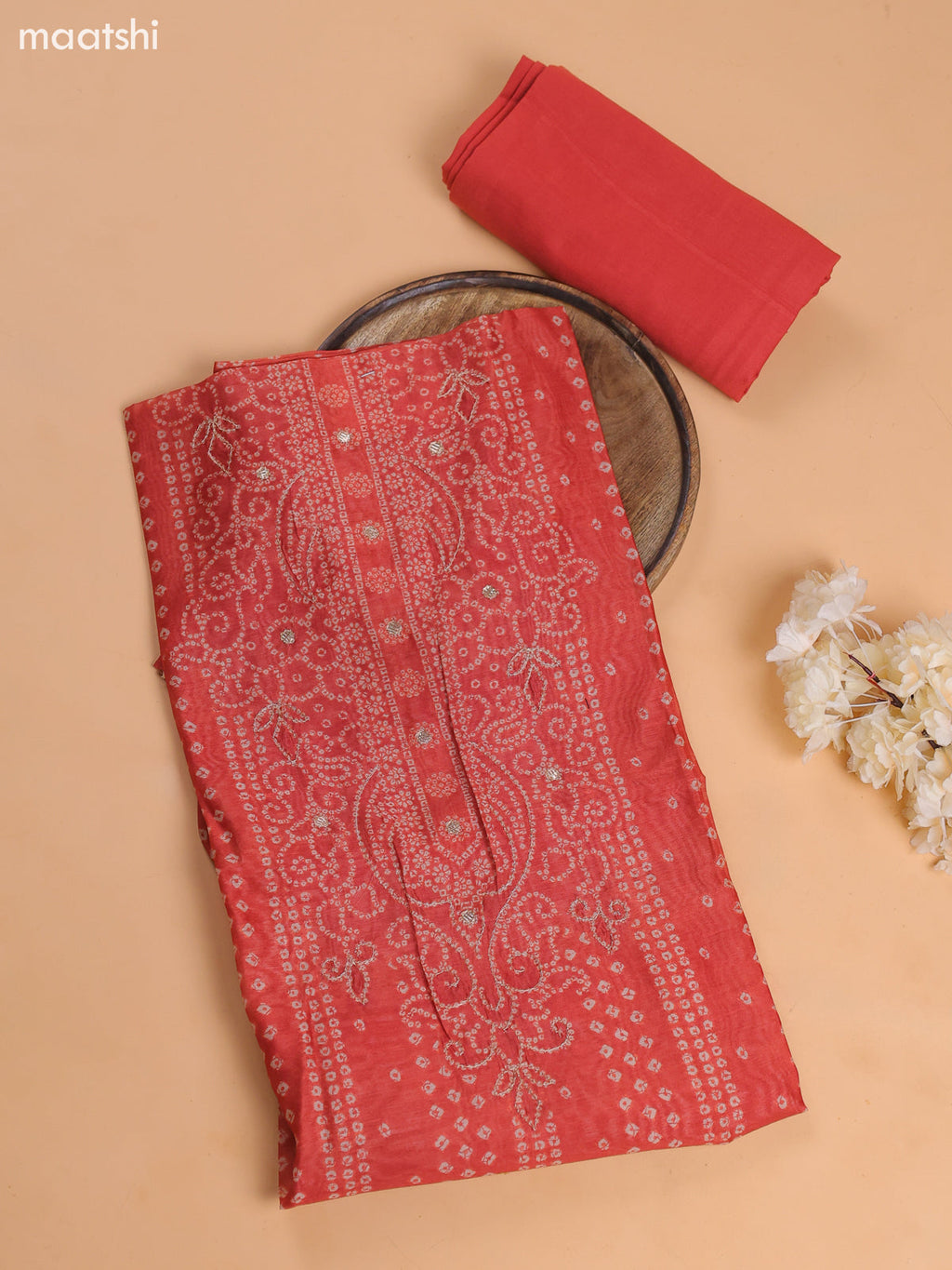 Dark Rust Chanderi Dress Material With Floral Prints and Bottom & Dupatta