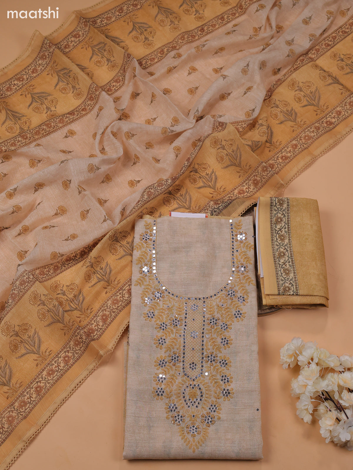 Sandal Chanderi Dress Material With Embroidery Work and Bottom & Dupatta