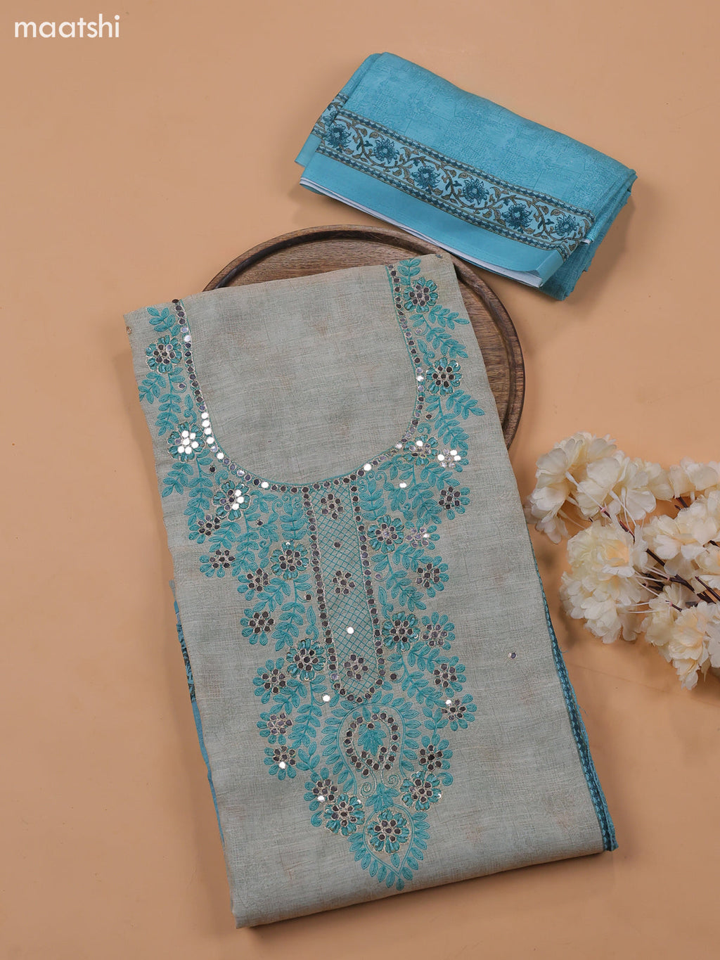 Teal Blue and Chanderi Dress Material With Embroidery Work and Bottom & Dupatta