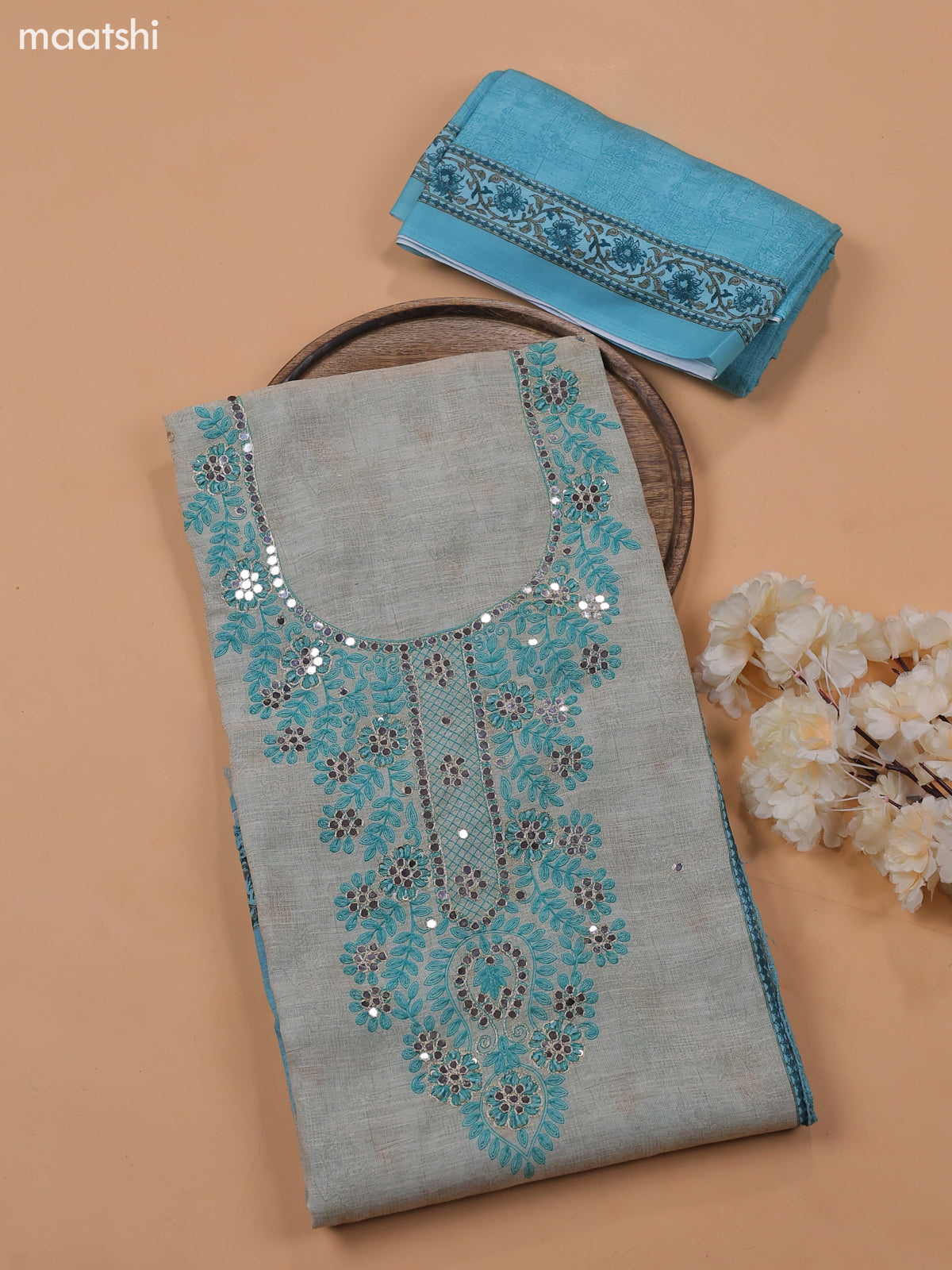 Teal Blue and Chanderi Dress Material With Embroidery Work and Bottom & Dupatta