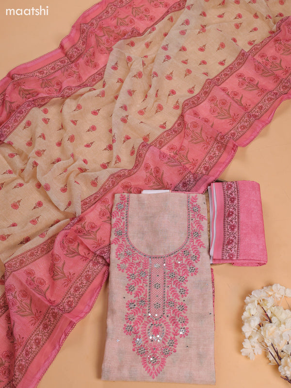 Pink and Beige Chanderi Dress Material With Embroidery Work and Bottom & Dupatta