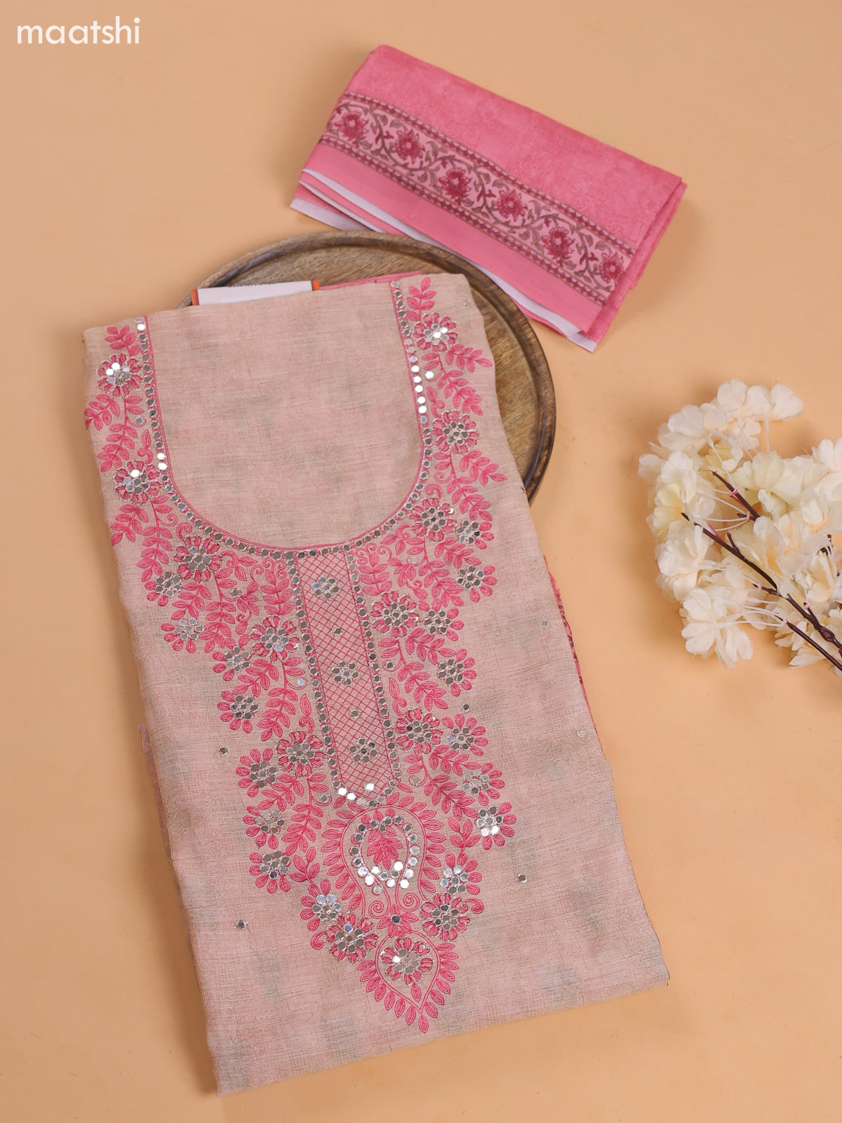 Pink and Beige Chanderi Dress Material With Embroidery Work and Bottom & Dupatta