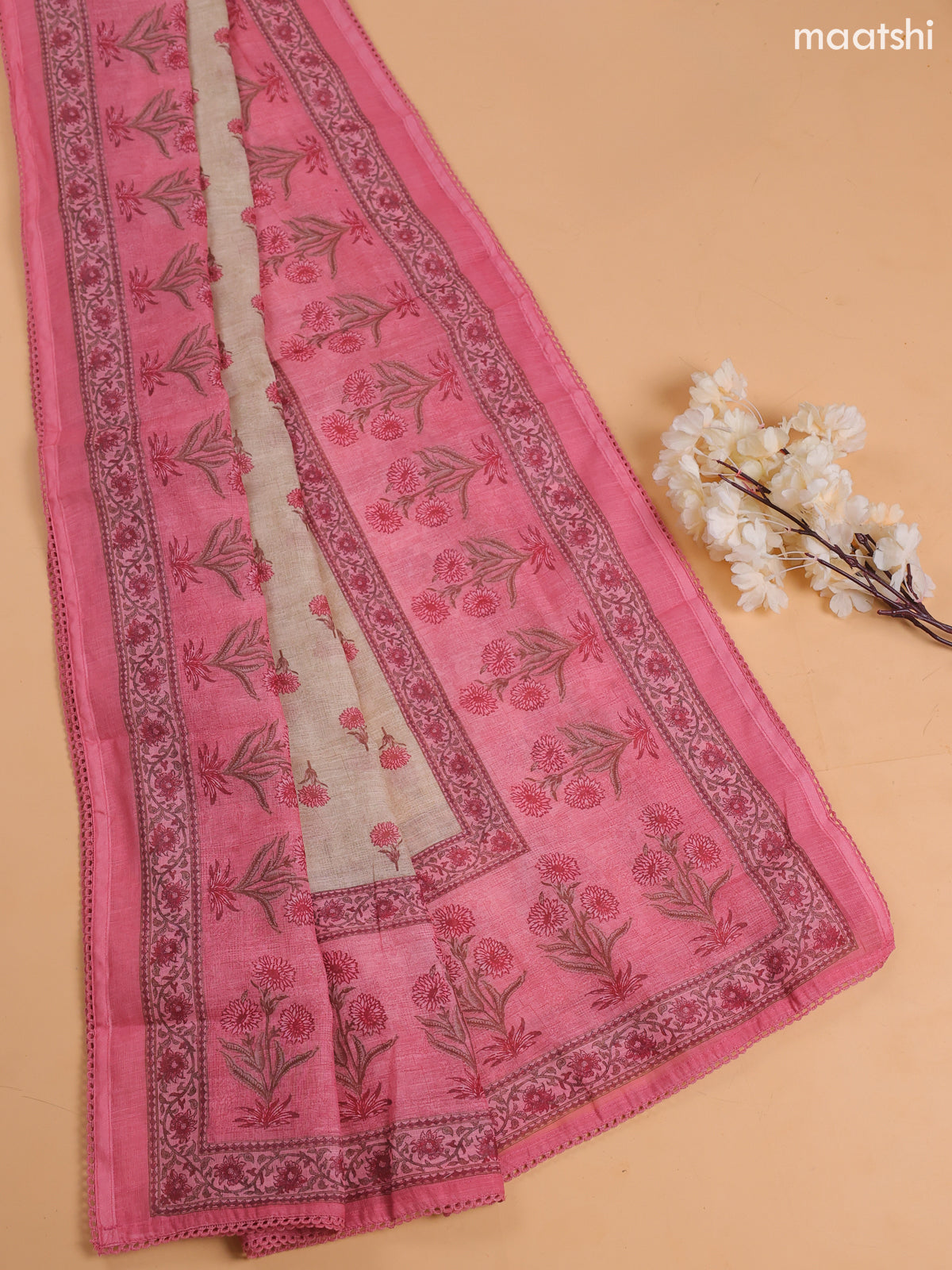 Pink and Beige Chanderi Dress Material With Embroidery Work and Bottom & Dupatta