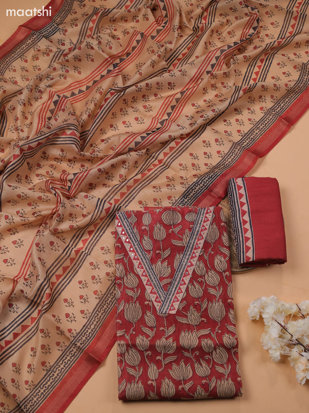Maroon Chanderi Dress Material With Prints & Embroidery Work and Bottom & Dupatta