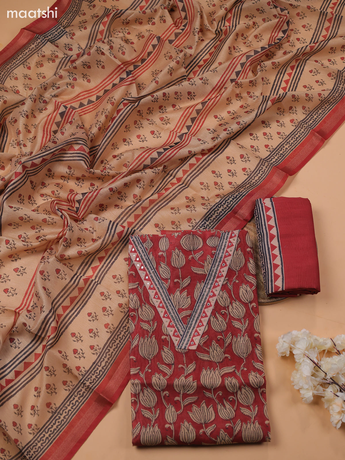 Maroon Chanderi Dress Material With Prints & Embroidery Work and Bottom & Dupatta