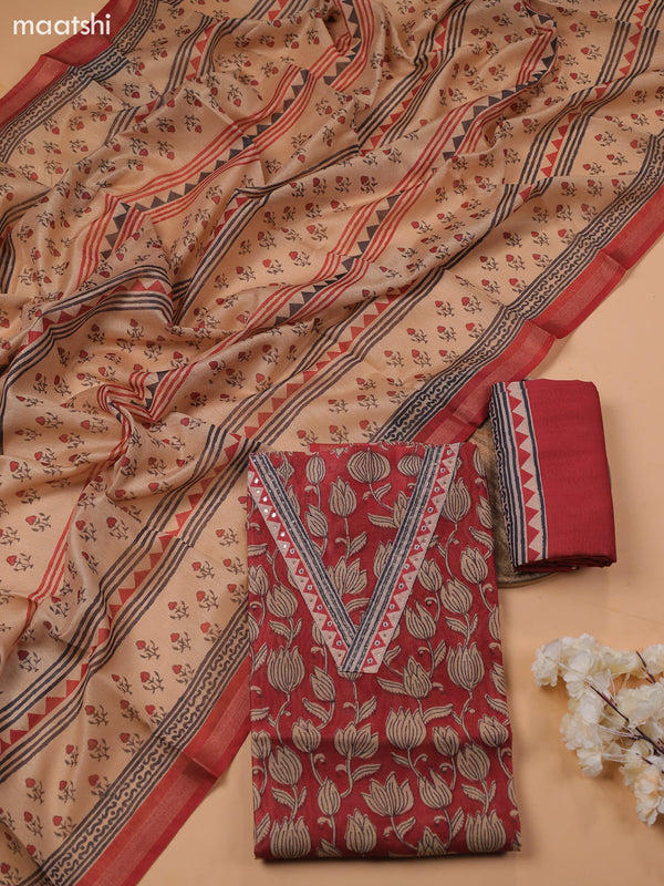 Maroon Chanderi Dress Material With Prints & Embroidery Work and Bottom & Dupatta