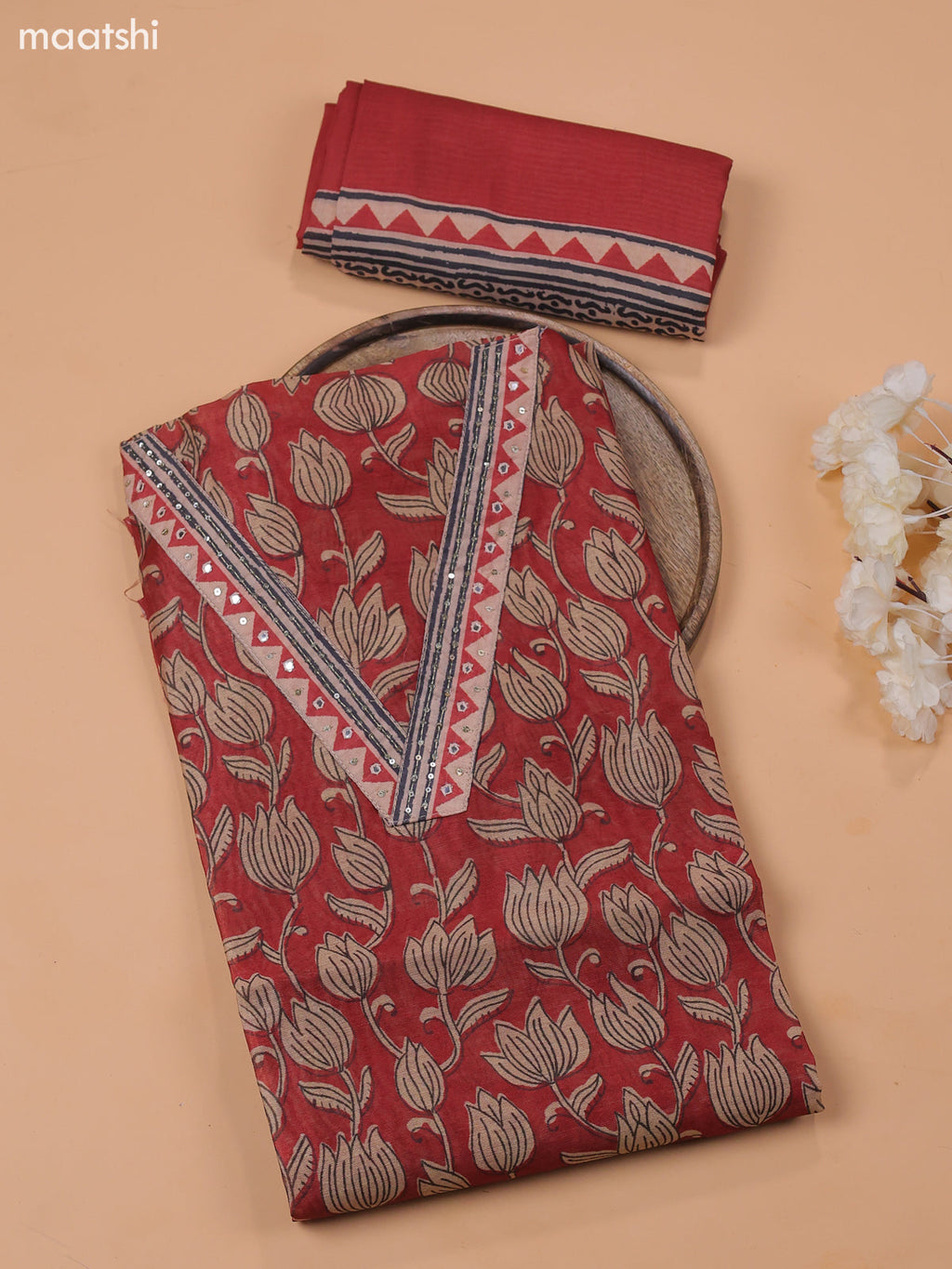 Maroon Chanderi Dress Material With Prints & Embroidery Work and Bottom & Dupatta