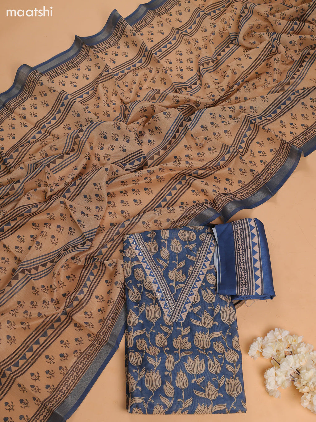 Navy Blue and Beige Chanderi Dress Material With Prints & Embroidery Work and Bottom & Dupatta
