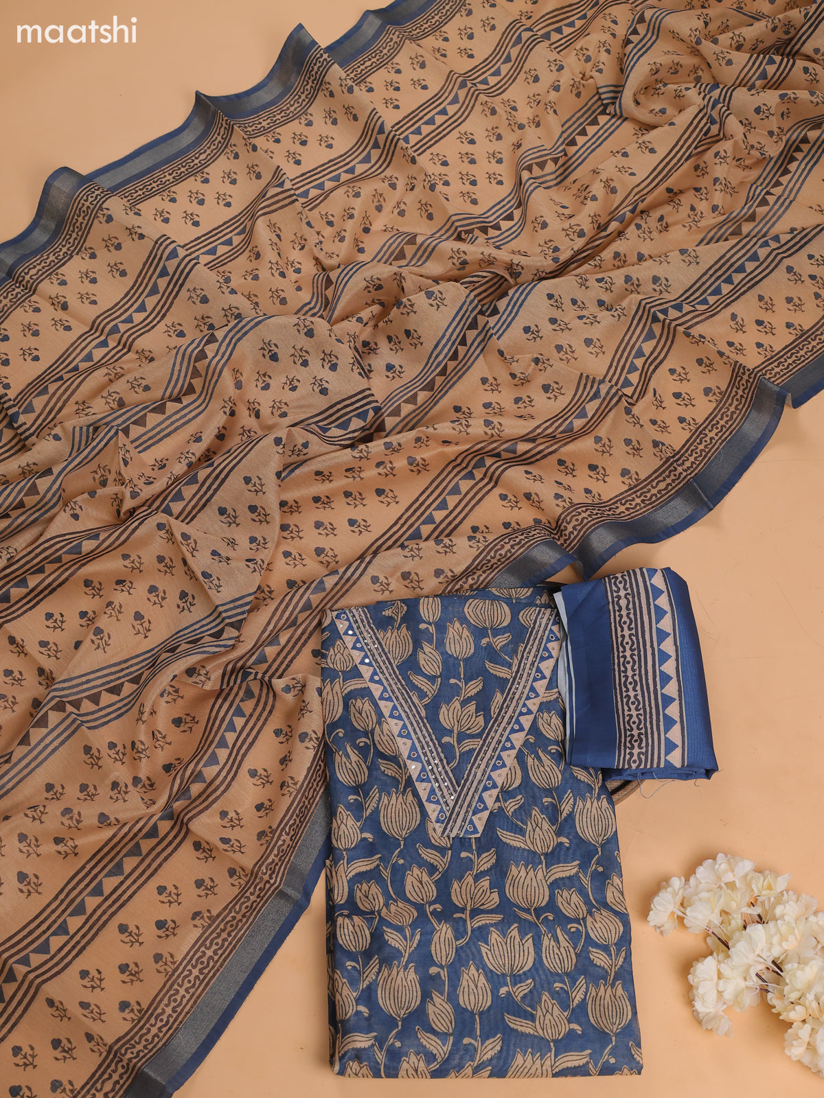 Navy Blue and Beige Chanderi Dress Material With Prints & Embroidery Work and Bottom & Dupatta