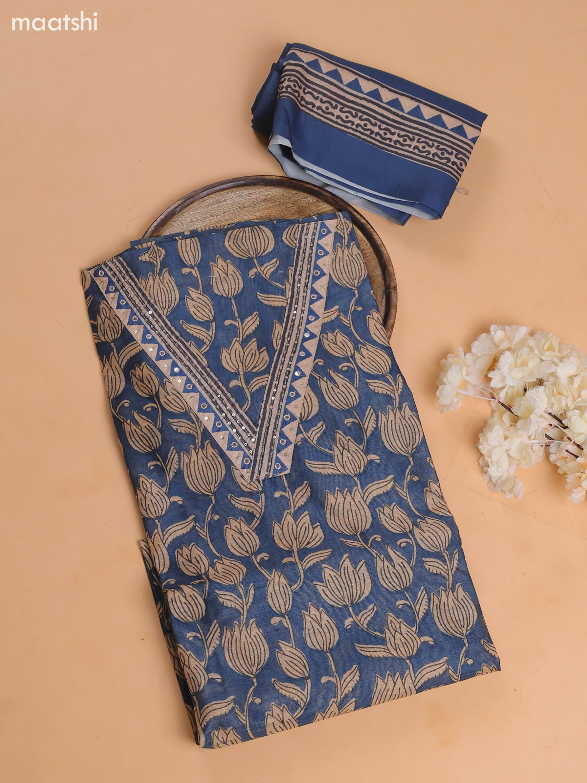 Navy Blue and Beige Chanderi Dress Material With Prints & Embroidery Work and Bottom & Dupatta