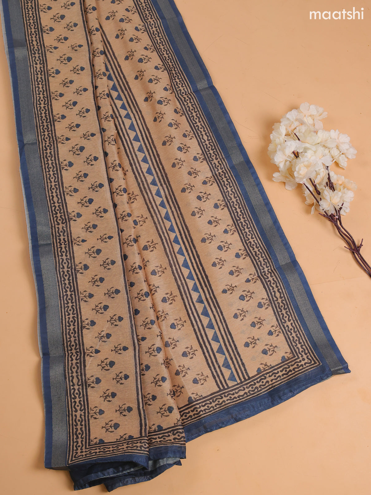 Navy Blue and Beige Chanderi Dress Material With Prints & Embroidery Work and Bottom & Dupatta
