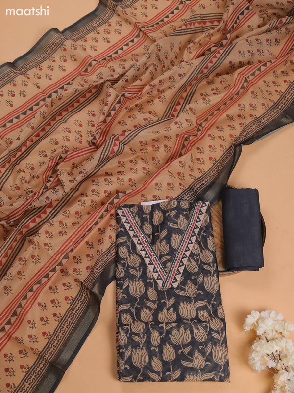 Dark Grey Chanderi Dress Material With Prints & Embroidery Work and Bottom & Dupatta