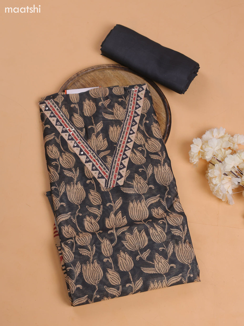 Dark Grey Chanderi Dress Material With Prints & Embroidery Work and Bottom & Dupatta