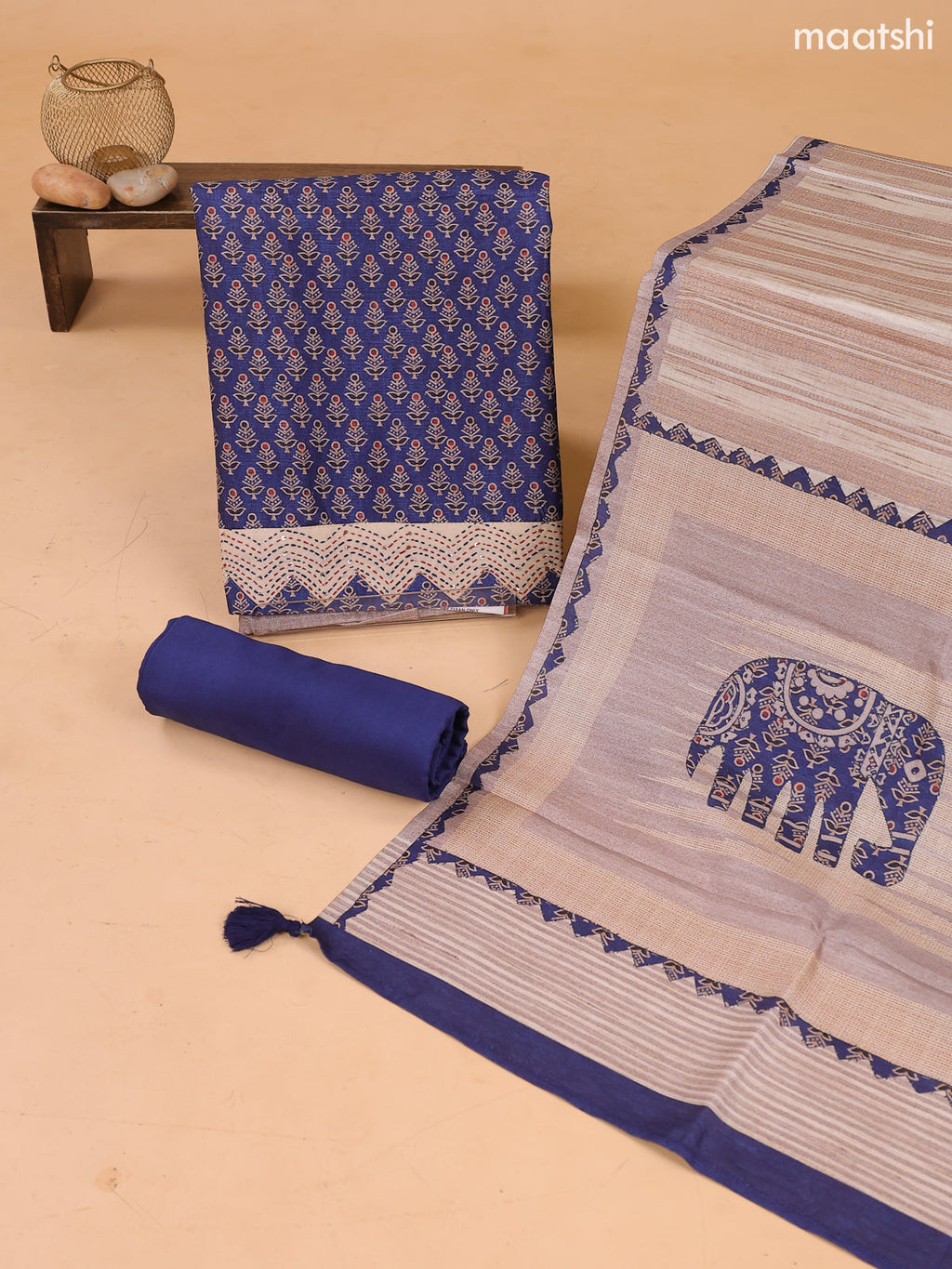 Blue and Biege Art Tussar Dress Material With Allover Prints & Embroidery Work Pattern and Bottom & Dupatta