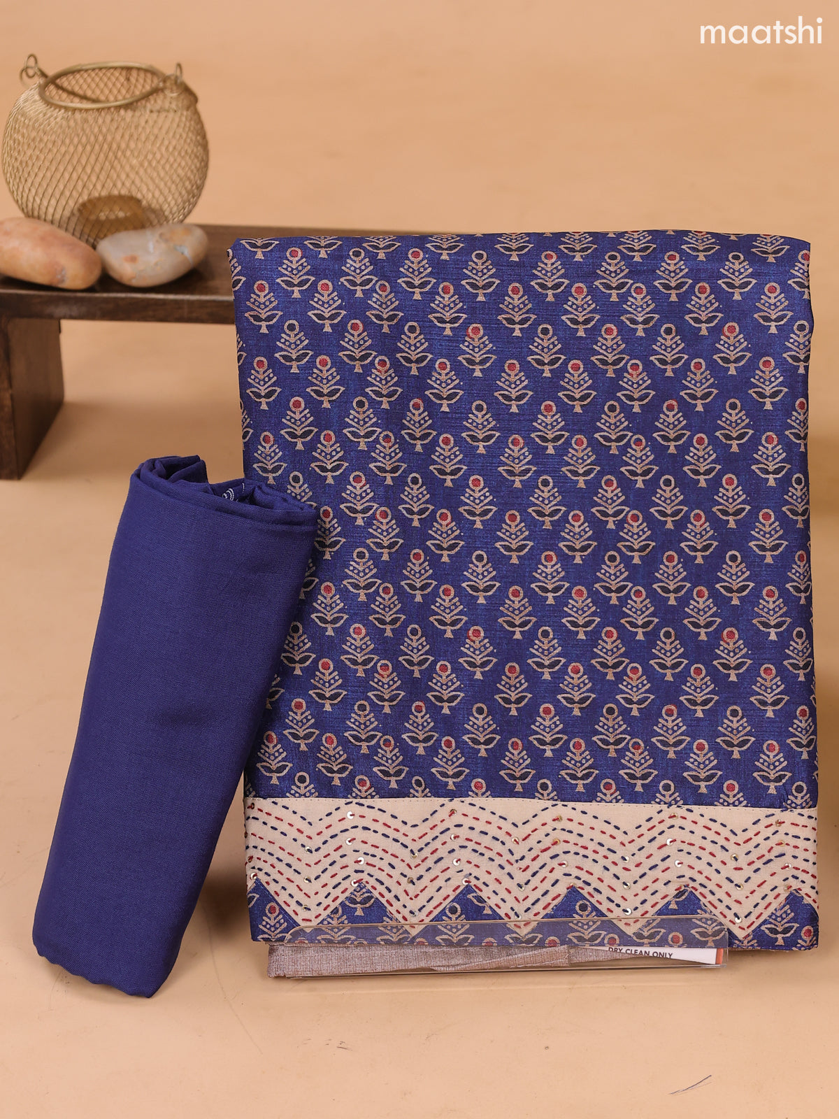 Blue and Biege Art Tussar Dress Material With Allover Prints & Embroidery Work Pattern and Bottom & Dupatta