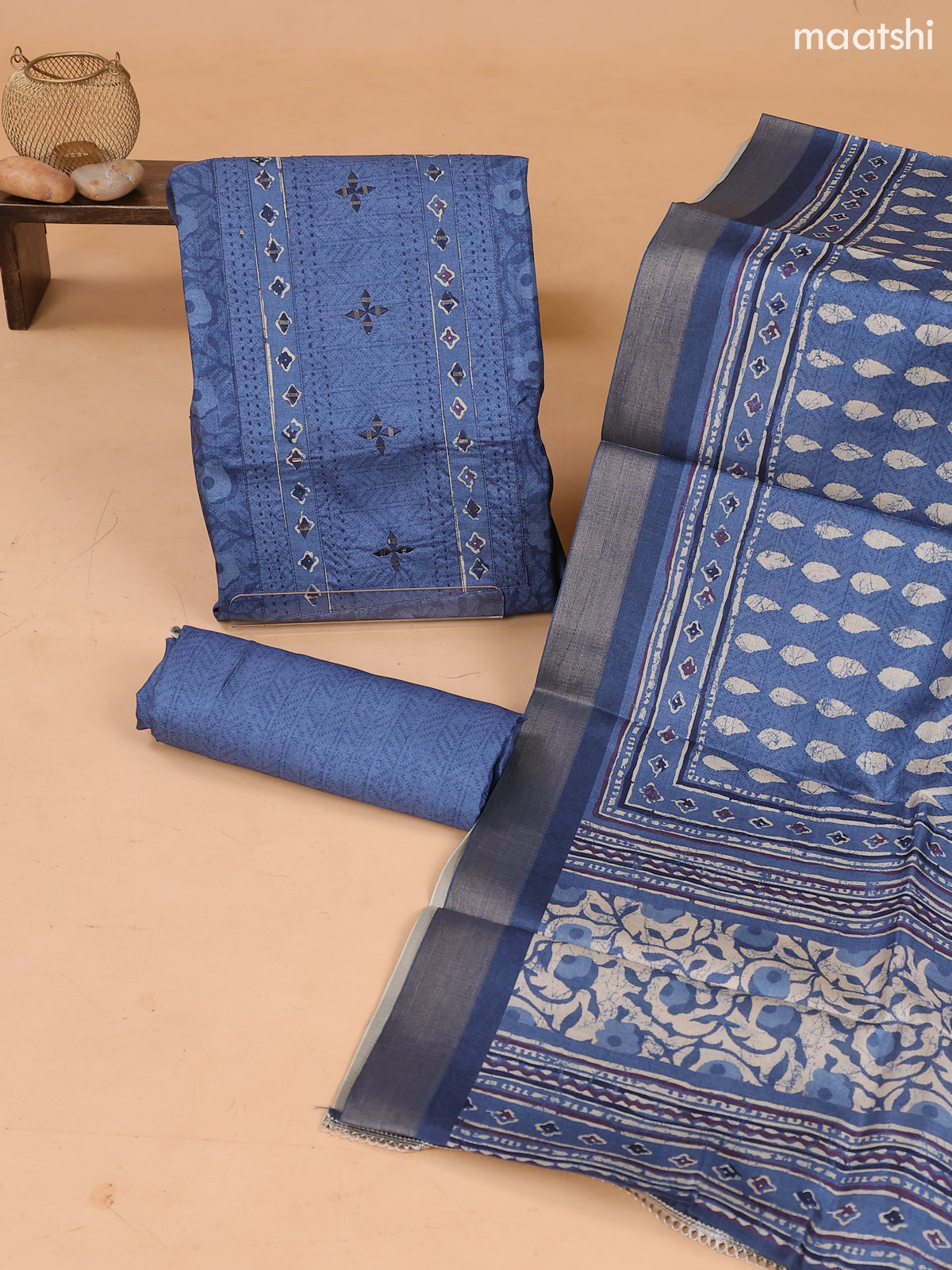 Greyish Blue and Biege Art Tussar Dress Material With Allover Prints & Embroidery Work Neck Pattern and Bottom & Dupatta