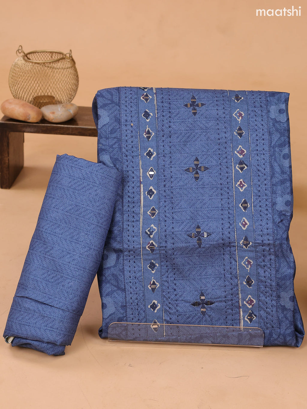 Greyish Blue and Biege Art Tussar Dress Material With Allover Prints & Embroidery Work Neck Pattern and Bottom & Dupatta
