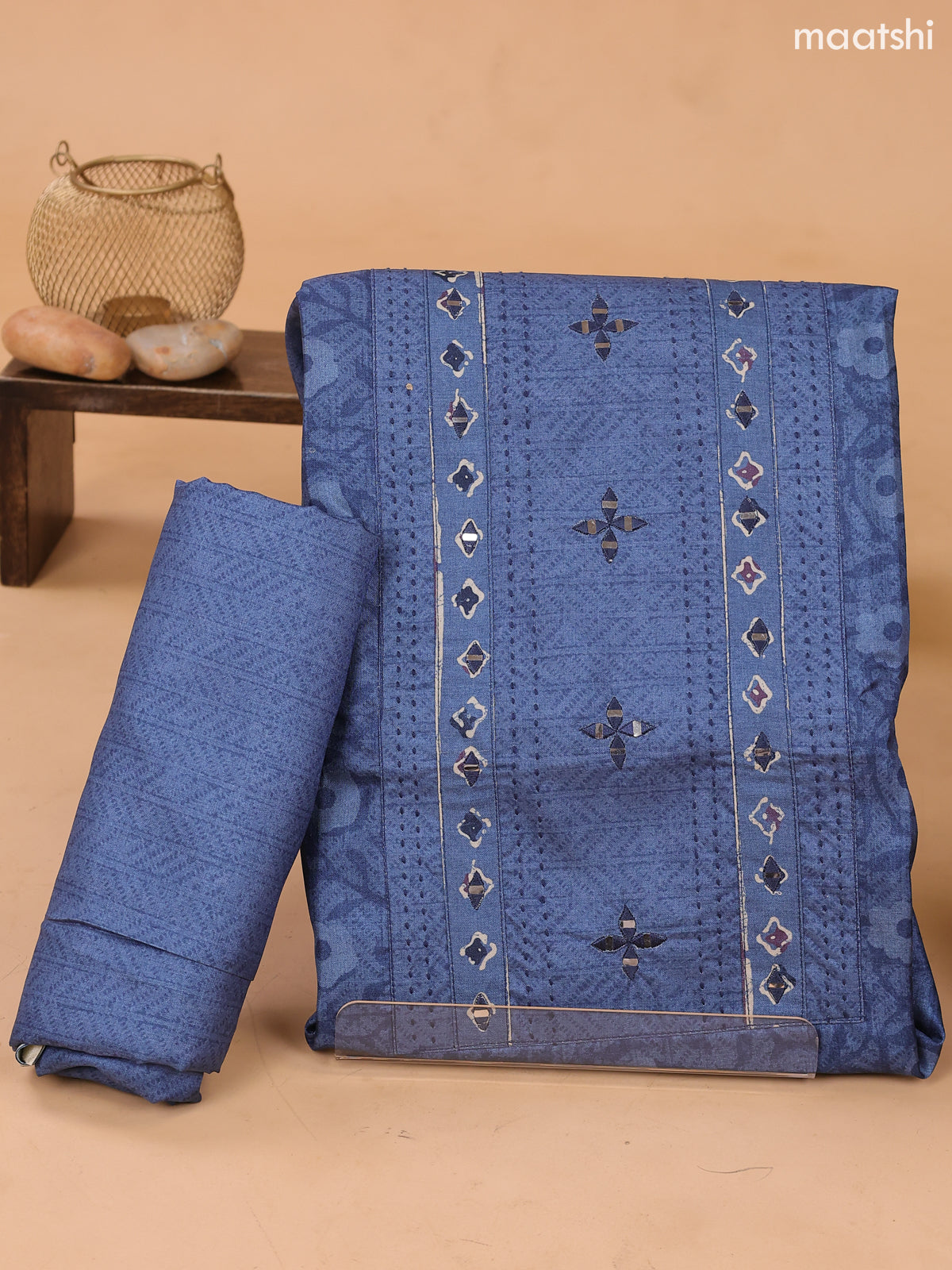 Greyish Blue and Biege Art Tussar Dress Material With Allover Prints & Embroidery Work Neck Pattern and Bottom & Dupatta