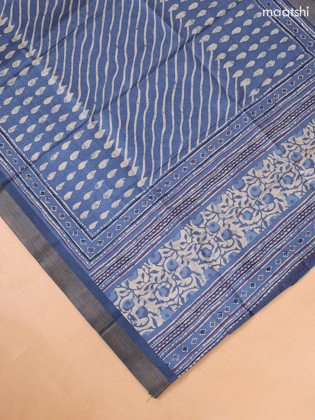 Greyish Blue and Biege Art Tussar Dress Material With Allover Prints & Embroidery Work Neck Pattern and Bottom & Dupatta