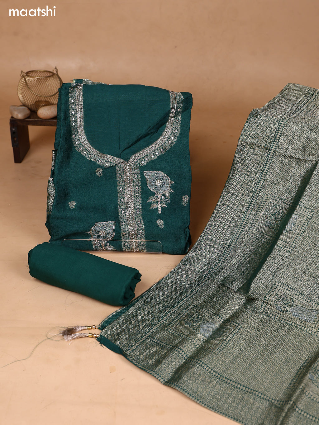 Green Art Silk Dress Material With Zari Buttas & Embroidery Work Neck Pattern and Bottom & Dupatta