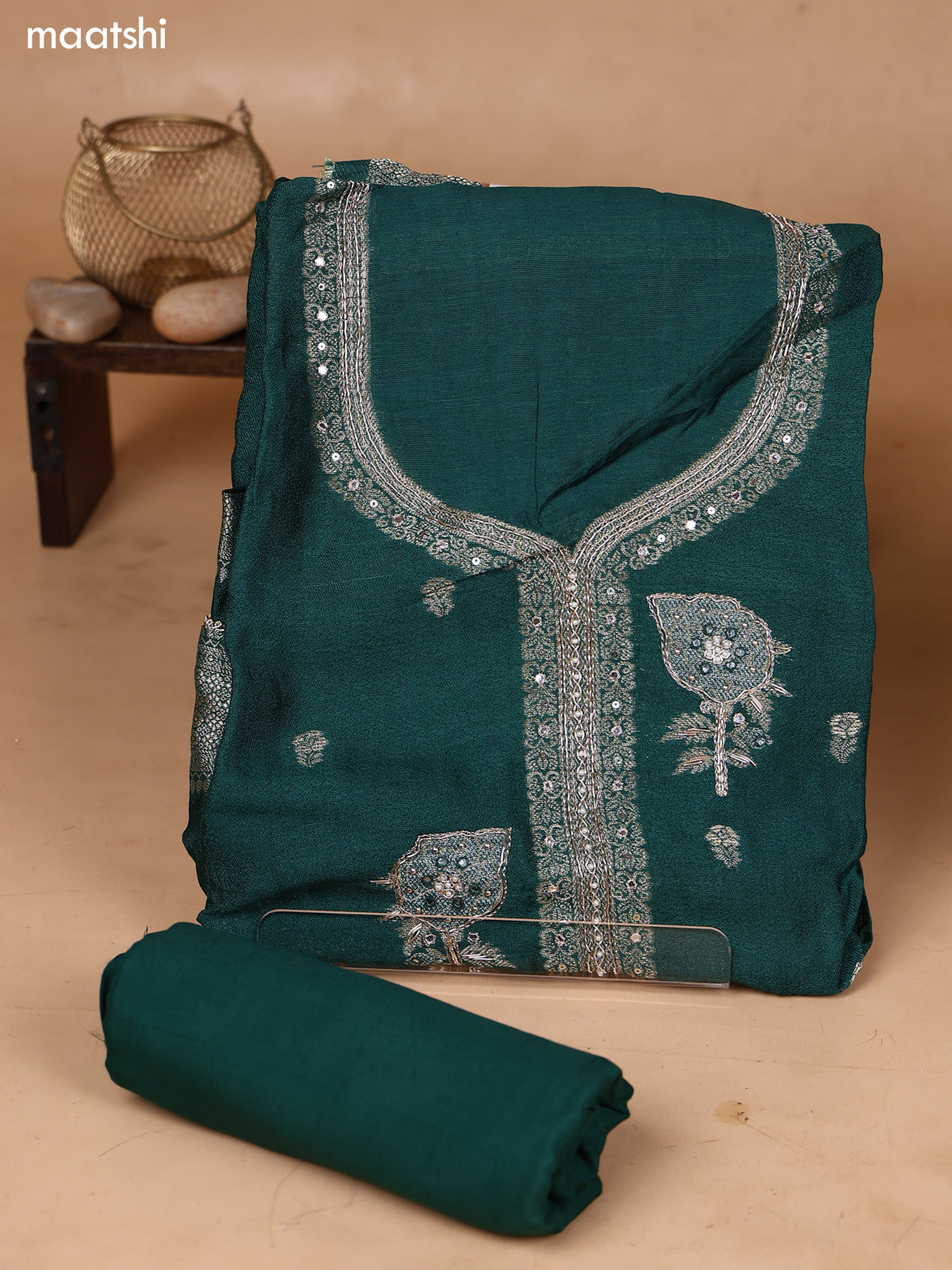 Green Art Silk Dress Material With Zari Buttas & Embroidery Work Neck Pattern and Bottom & Dupatta