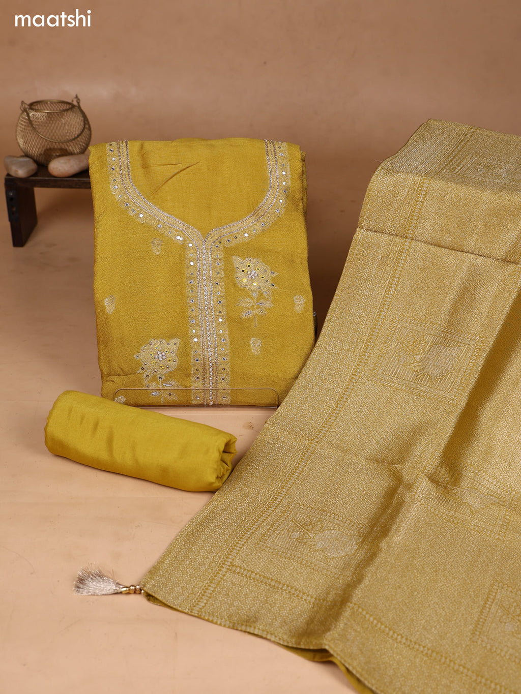 Yellow Art Silk Dress Material With Zari Buttas & Embroidery Work Neck Pattern and Bottom & Dupatta