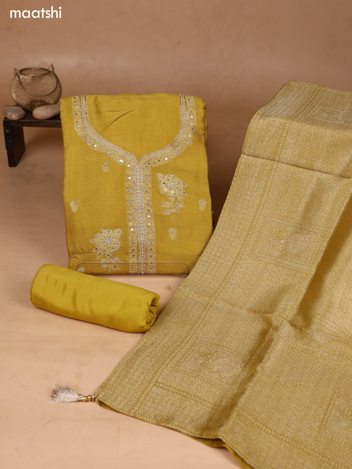 Yellow Art Silk Dress Material With Zari Buttas & Embroidery Work Neck Pattern and Bottom & Dupatta